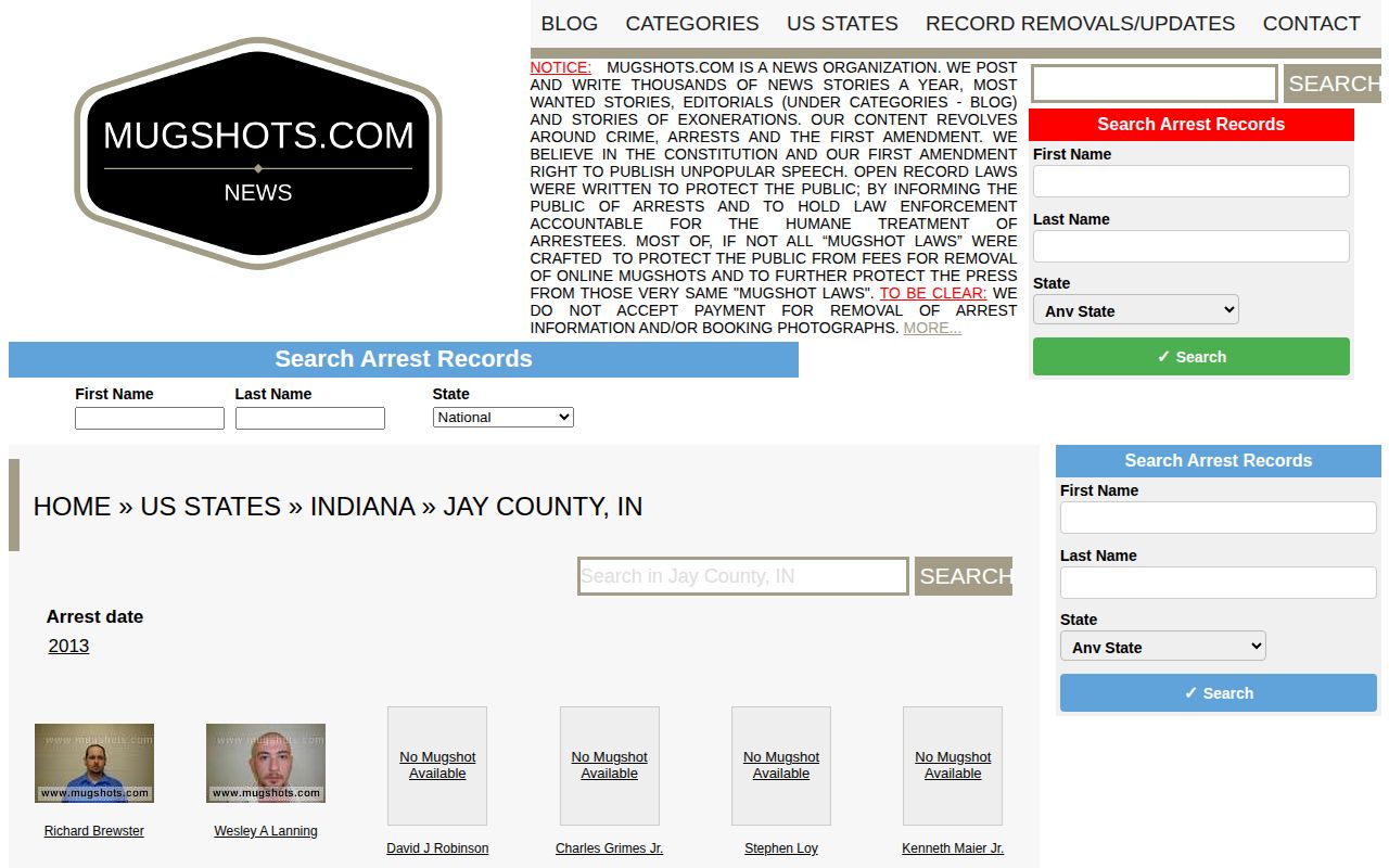 Small stale Mugshots.com Jay County arrest archive from 2013