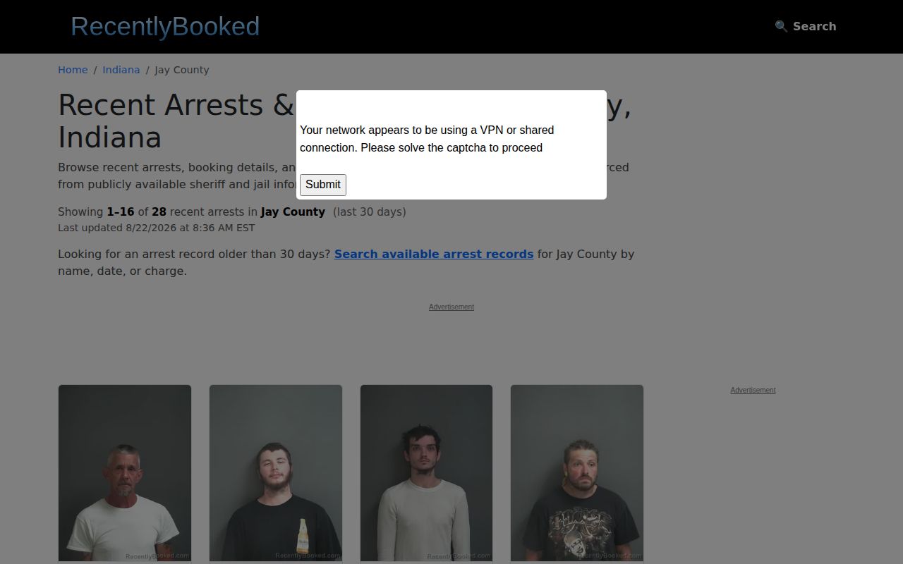 Unofficial Recently Booked Jay County arrest listing interface